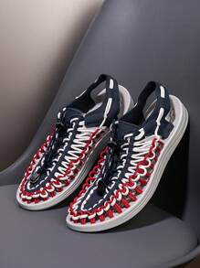 男士手工编织透气凉鞋，户外休闲双向一脚蹬镂空设计，适合情侣 - 灰藍 - 查看 6