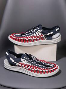 男士手工编织透气凉鞋，户外休闲双向一脚蹬镂空设计，适合情侣 - 灰藍 - 查看 5