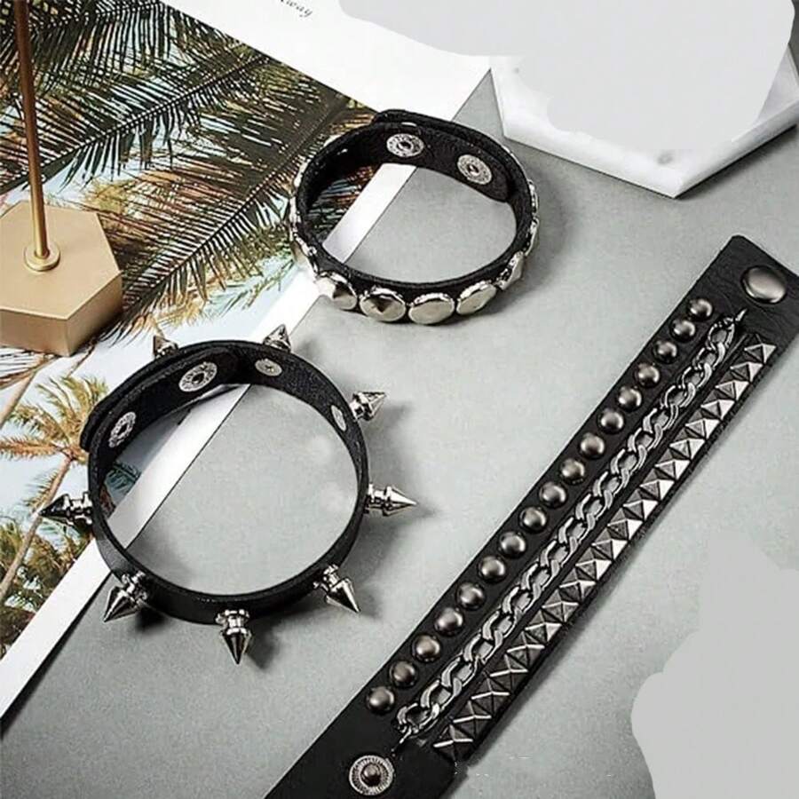 3PCS/Set Black Goth Emo Boho Bracelets For Men Women Punk Gothic Spike Rivets PU Leather Bracelet Bangles Party Jewelry Gift - Black - View 1