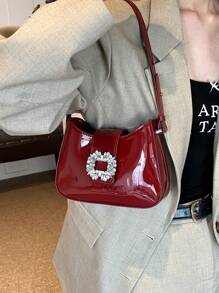 Vintage Simple Commuter Style New Wine-Red Shiny PU Leather Handbag With Adjustable Shoulder Strap, Women's Sparkling Rhinestone And Metal Decoration Crescent-Shaped Shoulder Bag, Suitable For Formal Occasions Such As Parties, Weddings, Gatherings, College Students, Back To School, Campus, Business Trips, Travel, Fashionable Burgundy Bag , Red Bag , Burgundy Bag, Old Money - Burgundy - View 4