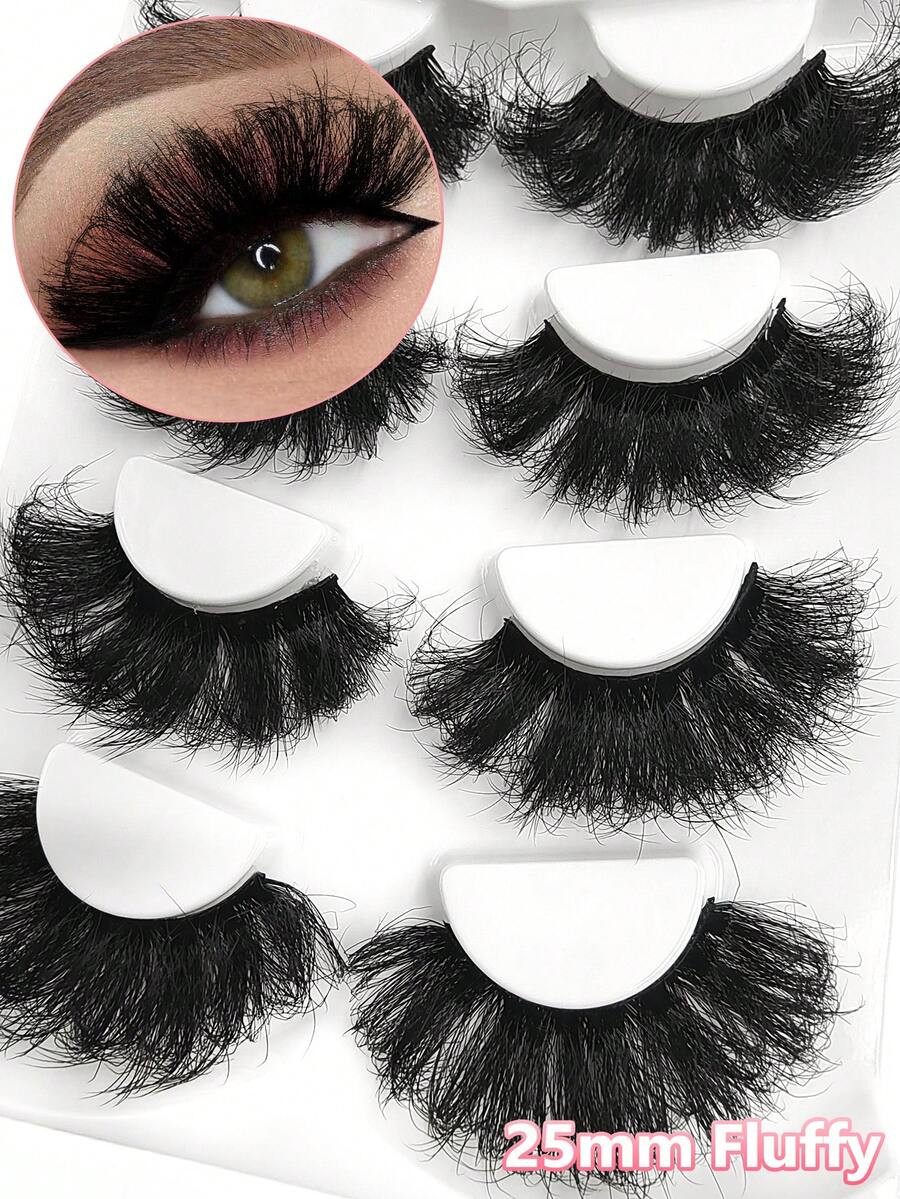 Asiteo 4 Pairs 25mm 9D Faux Mink Lashes Bulk Russian Volume Fluffy Natural False Eyelashes Thick Dramatic Faux Mink Eyelashes - 黑色 - 查看 1