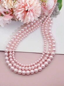 3pcs Stacking Necklace Set, Faux Pearl, Blush & Millennial Pink, Girls/Women - Imitation Pearl Necklace - View 3