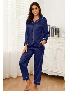 2 Piezas Conjuntos de Pijamas para Mujer de Satén de Seda y Pantalones de Mujer, Pijama de Dos Piezas Pijama con Botones, pijamas de mujer, pijama dama seda, pijamas para pareja, pijama de seda mujer, pijamas familiares, pijamas en satin, pijamas completas - azul real - Ver 6