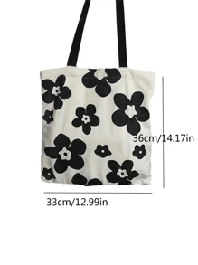 1 Stück Leinwand Schultertasche mit Schwarz-Weiß Blumen Muster, modisch und vielseitig für weibliche Studenten, mit Aufbewahrungstasche