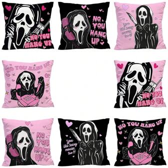 Halloween Pillow Covers , Pink No You Hang Up Horror Ghost Design Throw Pillows Farmhouse Linen Funny Halloween Decorative Pillow Case For Couch Sofa Indoor Outdoor Decor Best Gifts Birthday Graduation Home Decor Fall Decor Room Decor