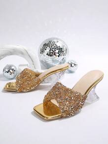 女士夏季新款高跟拖鞋，金色水钻亮片装饰高跟鞋，时尚水晶高跟凉鞋适合各种场合