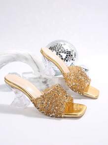 女士夏季新款高跟拖鞋，金色水钻亮片装饰高跟鞋，时尚水晶高跟凉鞋适合各种场合