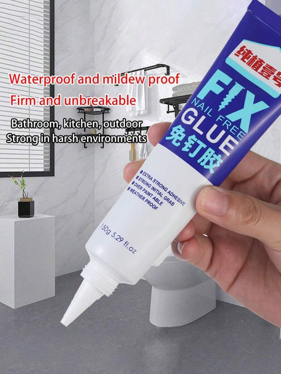 1pc Strong Non-Nail Adhesive Hook With High-Viscosity Metal Shelf, Waterproof For Wall Mounting, Suitable For Home Bathroom Mirror Tile Skirting Line, Transparent Multi-Purpose Glue Without Drilling - White - View 1