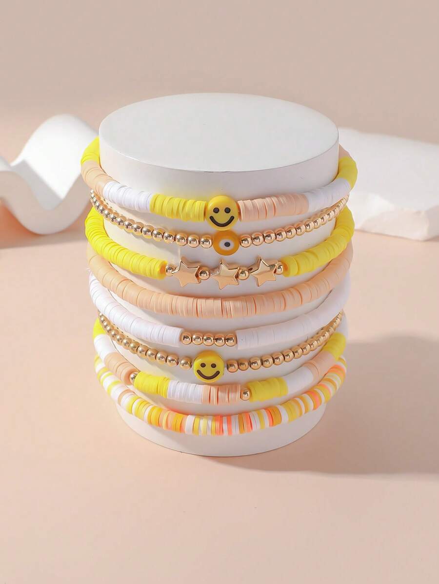 8入組/套表情細節串珠手鏈 - 黃色 - 查看 1