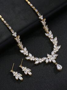 1 Set Of 3pcs Fashionable And Minimalist Cubic Zirconia Necklace Earrings Set For Wedding, Banquet And High-End Jewelry, With Leaf & Water Drop Decoration, Suitable For Women's Festival Wear