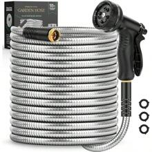 Garden Hose 50 FT, Metal Stainless Steel Water Hose With 10 Function Nozzles, No Kinks, Flexible Hose, Lightweight, Puncture Proof, Heavy Duty Hose For Yard And Outdoor - 銀色 - 查看 1