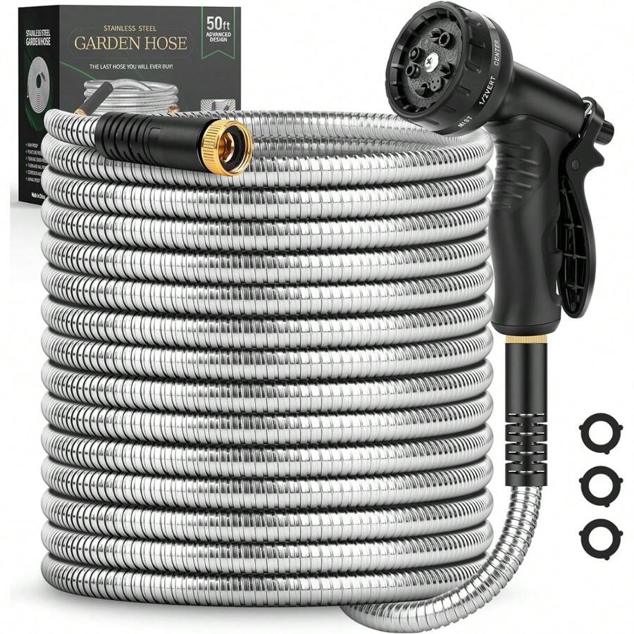 Garden Hose 50 FT, Metal Stainless Steel Water Hose With 10 Function Nozzles, No Kinks, Flexible Hose, Lightweight, Puncture Proof, Heavy Duty Hose For Yard And Outdoor - 銀色 - 查看 1