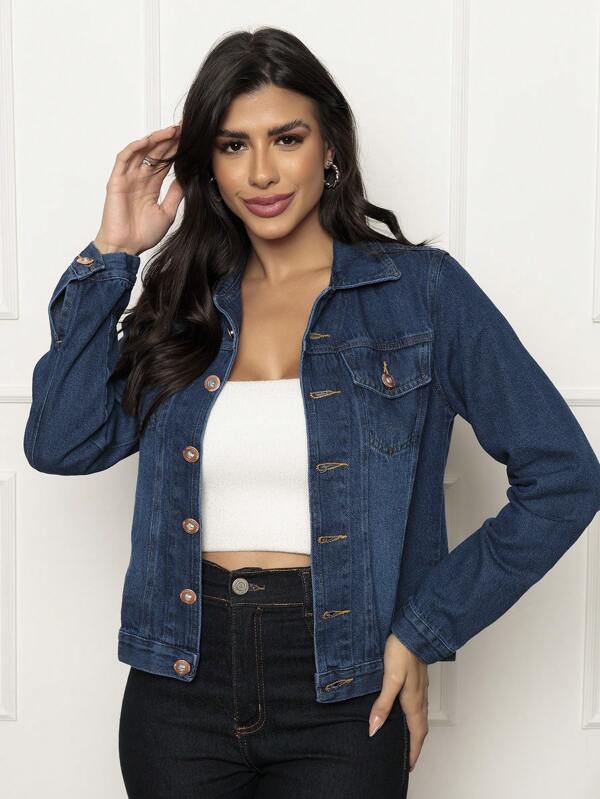 Jaqueta Jeans Feminina Simples 100% Algodão Moda Comfort