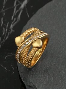 1pc时尚不掉色18k钛钢戒指爱心镶嵌水钻欧美不锈钢锆石轻奢百搭优雅指环戒指日常佩戴约会女士礼物 - 金色 - 查看 3