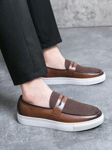 Men's Flat Bottom Splice Sports Style Casual Loafers Dress Shoes, Solid Color - Brown - View 4