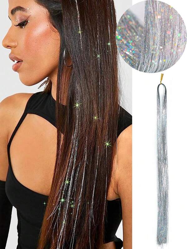 Hebras de Tinsel para el Cabello, Extensiones Largas y Rectas para el Cabello, Piezas Destacadas para el Cabello para Fiestas, Extensiones de Cabello Brillantes y Brillantes 1 pieza/paquete