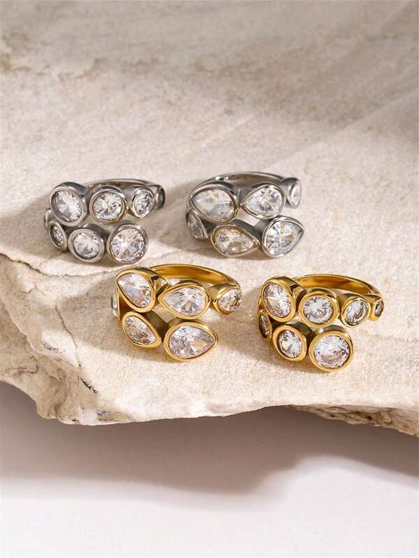 Uworld 1 Piece 18K Gold Plated Stainless SteelDesigner Stacked Teardrop Round Zirconia Open End RingUnisex Chunky RingCool StyleDaily Wear