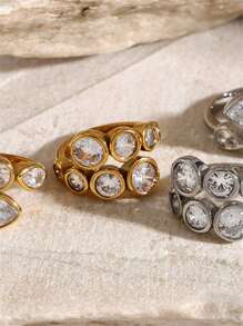 Uworld 1 Piece 18K Gold Plated Stainless SteelDesigner Stacked Teardrop Round Zirconia Open End RingUnisex Chunky RingCool StyleDaily Wear - Style2 - View 4