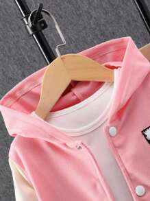 2 piezas/Conjunto Conjunto informal de sudadera con capucha tipo A-line con cremallera + pantalones con bloques de color para niñas jóvenes - Rosa - Ver 3