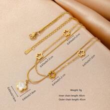 1入不銹鋼雙層疊疊樂五片花墜墜頸鍊時尚女士多件配飾禮物珠寶女孩 - 金色 - 查看 5