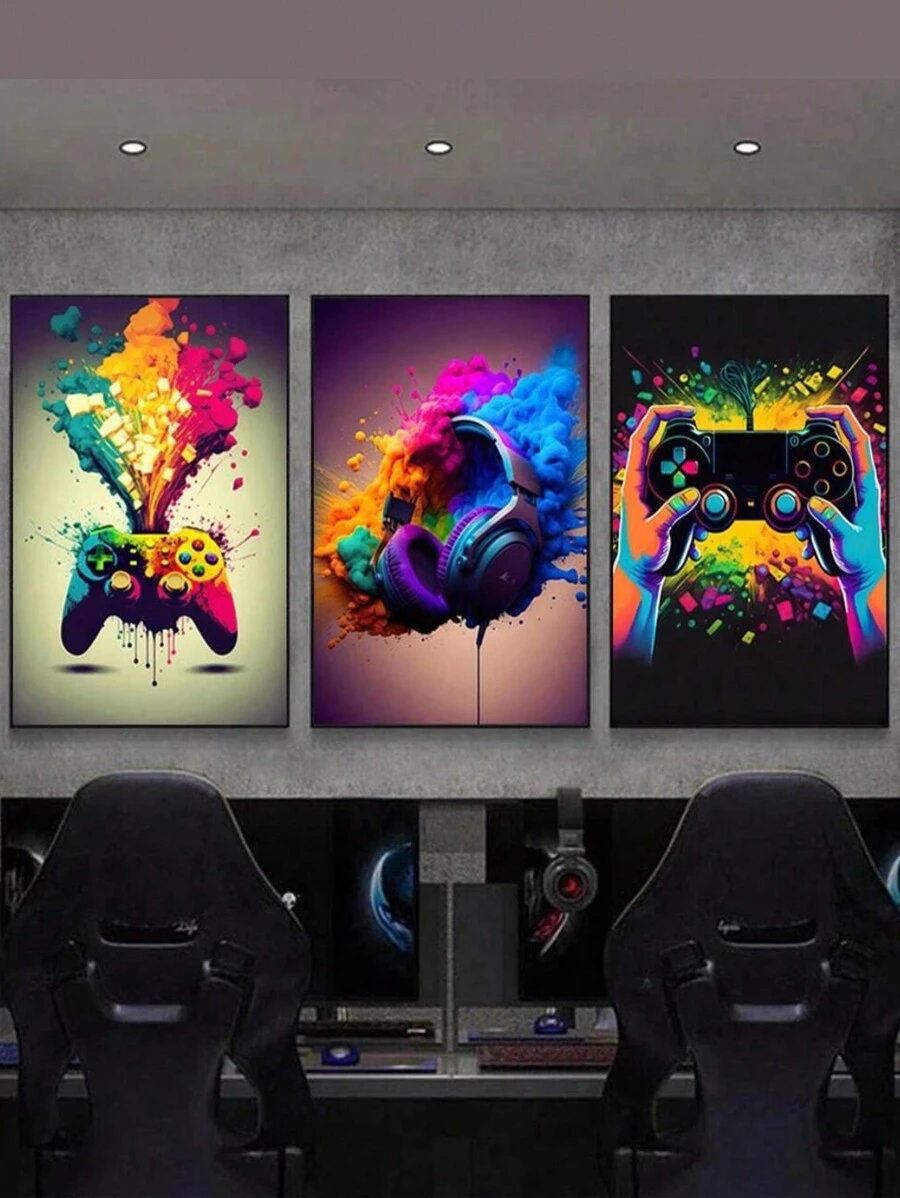 三件套游戏主题墙画 - RGB 游戏手柄和耳机帆布画，可选画框，现代游戏风格，适用于卧室、游戏室、宿舍 | 送给游戏玩家男孩、男士、青少年的完美礼物 - 家居装饰、生日礼物