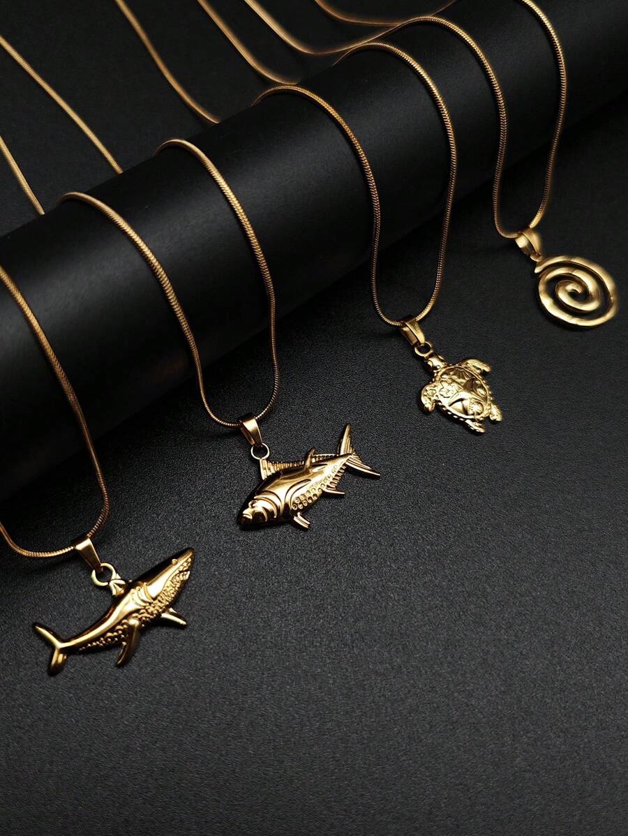 1pc Bohemian Ocean Beach Style Stainless Steel Shark, Fish, Sea Turtle Twirl Pendant Necklace, Luxury Minimalist Fashion Accessory