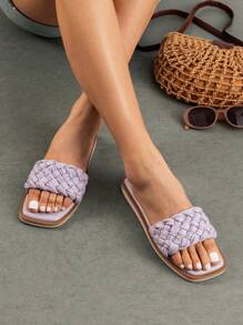 Women Square Open Toe Slide Sandals Slip On Braided Strap Slingback Flat Sandals Vacation Summer Beach Shoes - Purple - View 1