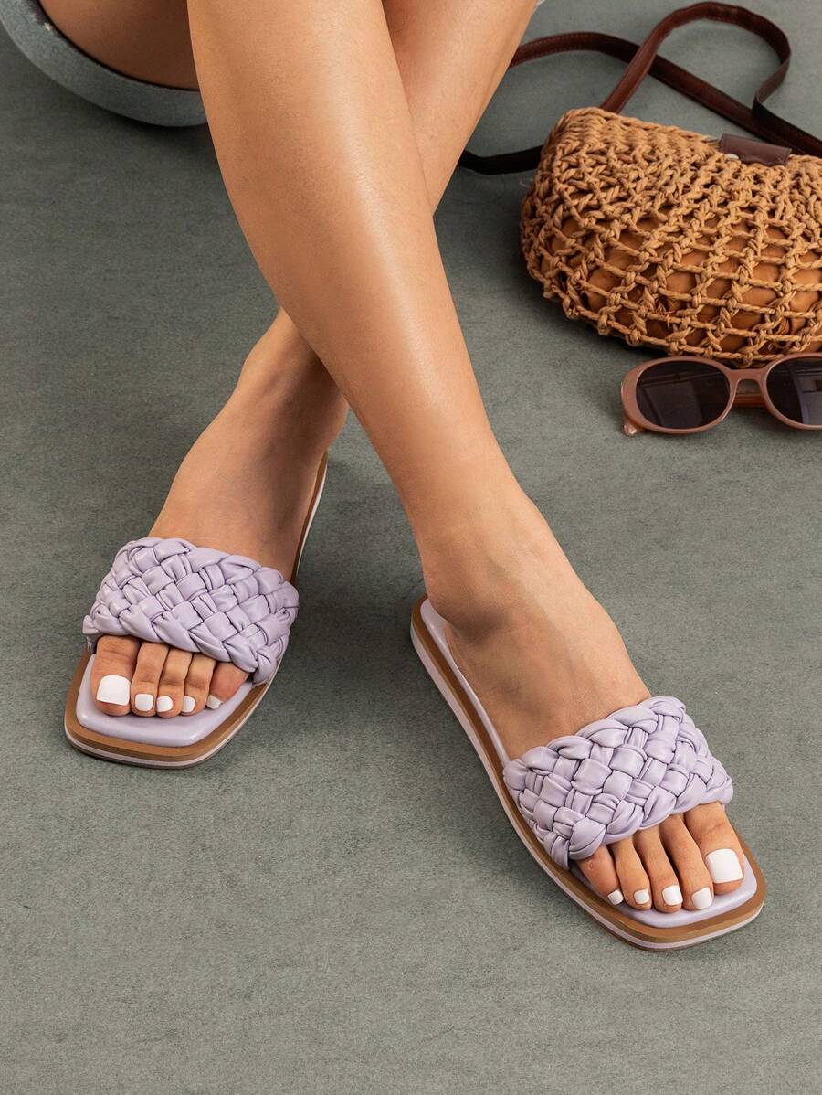 Women Square Open Toe Slide Sandals Slip On Braided Strap Slingback Flat Sandals Vacation Summer Beach Shoes - Purple - View 1