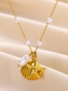1PC 2025 Summer Starfish Shell Pearl Necklace For Women Men Gold Plated Choker Stainless Steel Jewelry Beach Vacation Gift
