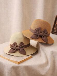1 件装女士多色蝴蝶结宽边太阳帽，夏季草编渔夫帽，可折叠沙滩防晒帽，适合旅行 - 多色 - 查看 1