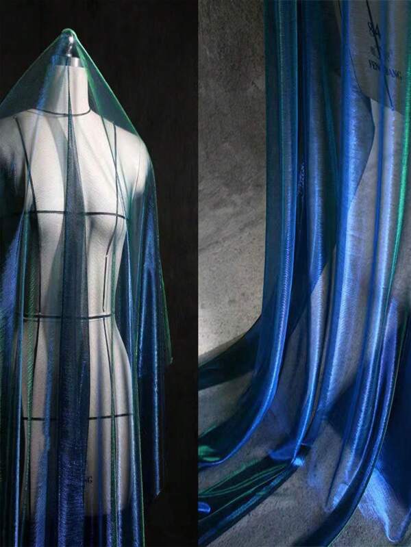 Blue-Green Gradient Mesh Designer Fabric, Sheer Dress Fabric, Background Fabric