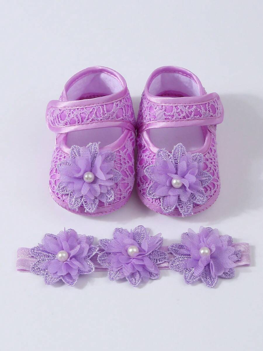 1 双婴儿公主软底爬行袜 + 1 套婴儿头带发饰套装，生日礼物 - 紫色 - 查看 1