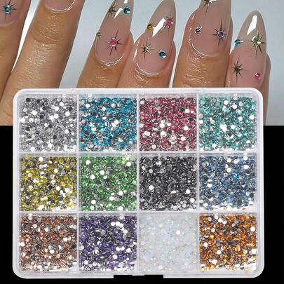 12 màu đá pha lê acrylic, trang trí móng tay 3D, phụ kiện làm móng DIY, vật liệu làm móng bằng nhựa, đá quý màu AB, thích hợp cho miếng dán móng, trang trí thiết kế móng, quần áo, điện thoại, vải dệt, gỗ, da, giấy, dụng cụ đóng gói, 6000 viên đá pha lê phẳng nhiều màu sắc kết hợp, trang sức móng tay