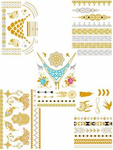 金黑色金屬海娜暫時性刺青貼紙，防水無毒長效刺青貼，女性用，5張 - 金色 - 查看 5