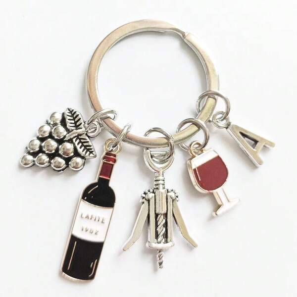 New Fashion Creative 26 Letter Keychain Red Wine Bottle Opener Red Wine Cup Grape Pendant Men's Bar Party Keychain