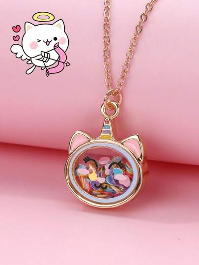 1 pièce Collier pendentif licorne mignon en alliage de zinc pour filles avec cœur en forme de couleur vive et paillettes, convient pour un port quotidien