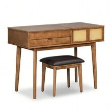 43.3" Vanity Desk With Flip-Top Mirror And Stool, Modern Dressing Makeup Table Set With 3 Drawers, Wood Makeup Vanity Set For Bedroom Bathroom, For Girl Women - Mocha Brown - View 8