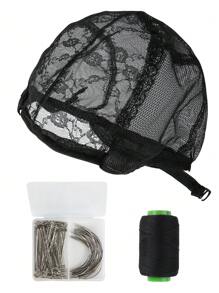 DeeJey Kit de peluca DIY, herramientas y accesorios para hacer pelucas, incluye gorra de peluca, alfileres, agujas, 1 pieza de malla para gorra de peluca y hilo negro - Negro - Ver 1