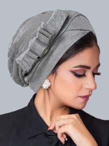 New Muslim-European Style Shiny Silk Pleated Sleeping Hat With Rolled Edge And Flower Headband