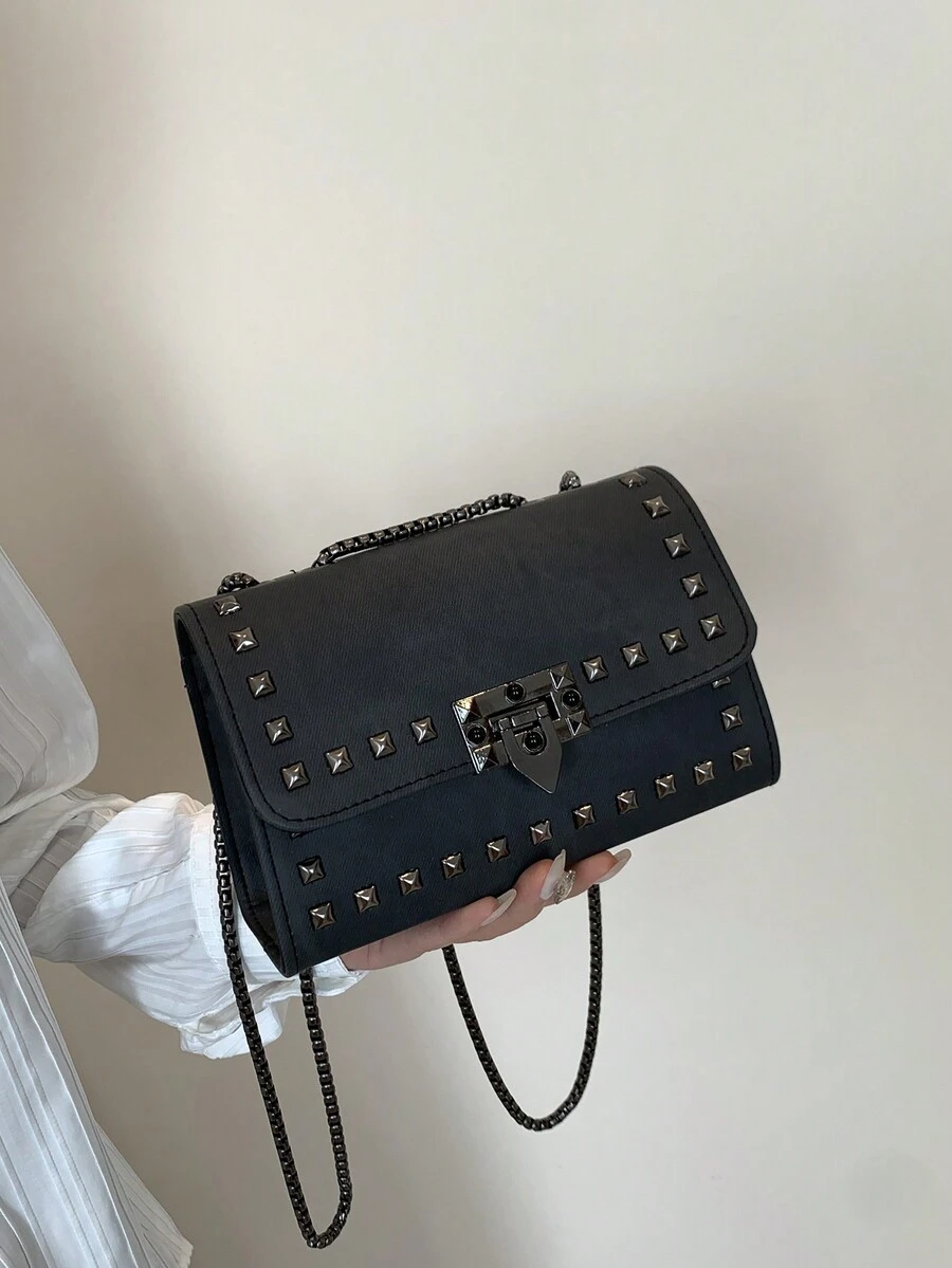 复古铆钉单肩包女款2024新款时尚个性单肩包斜挎包 - 黑色 - 查看 1
