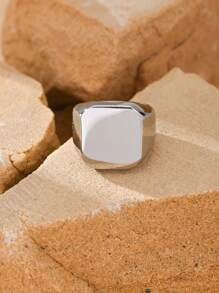 1pc Stainless Steel 18K Gold Plated Retro Business Square Smooth Surface Men's Rings Summer Jewelry