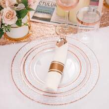 Liacere 350PCS Resuable Rose Gold Plastic Plates-Clear Rose Plates 50 Guests Include 50 Dinner Plates, 50 Salad Plates,50 Forks,50 Knives,50 Spoons,50 Cups,50 Napkins For Wedding&Party, For Christmas Party - Rose Gold - View 5