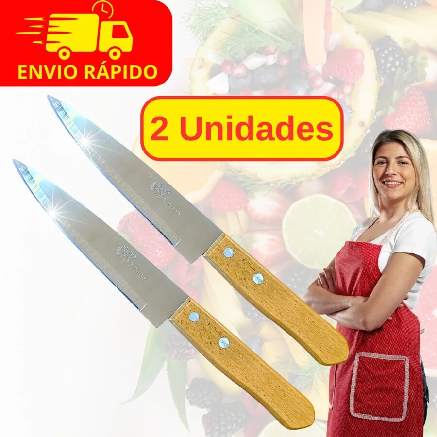 Kit 2 Faca Para Cozinha  Com Cabo de Madeira De Qualidade Afiada Premium 6 Polegadas - Marrom - Visão 1