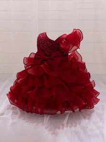 Baby Girl Sequin Bow Layered Tulle Cake Puff Princess Dress, & Elegant For Birthday Party, Wedding, No Headband Included - Burgundy - View 3