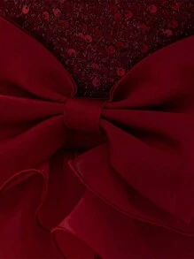 Baby Girl Sequin Bow Layered Tulle Cake Puff Princess Dress, & Elegant For Birthday Party, Wedding, No Headband Included - Burgundy - View 7