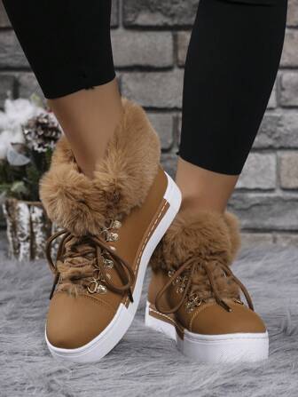 Women's Thick Sole Fluffy Lined Ankle Boots, Fashionable Warm Solid Color Lace-Up Faux Leather Flats