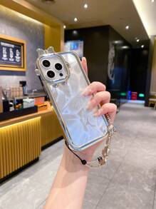 1 pièce Bracelet double en plumes et perles plaquées colorées avec voile, coque de téléphone anti-chute et protectrice pour Apple/Samsung/Xiaomi/Redmi/Infinix/Vivo/Oppo - Argent - Voir 1