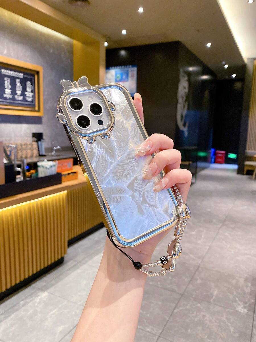 1 pièce Bracelet double en plumes et perles plaquées colorées avec voile, coque de téléphone anti-chute et protectrice pour Apple/Samsung/Xiaomi/Redmi/Infinix/Vivo/Oppo - Argent - Voir 1