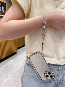 1 pièce Bracelet double en plumes et perles plaquées colorées avec voile, coque de téléphone anti-chute et protectrice pour Apple/Samsung/Xiaomi/Redmi/Infinix/Vivo/Oppo - Argent - Voir 4