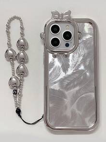 1 pièce Bracelet double en plumes et perles plaquées colorées avec voile, coque de téléphone anti-chute et protectrice pour Apple/Samsung/Xiaomi/Redmi/Infinix/Vivo/Oppo - Argent - Voir 6